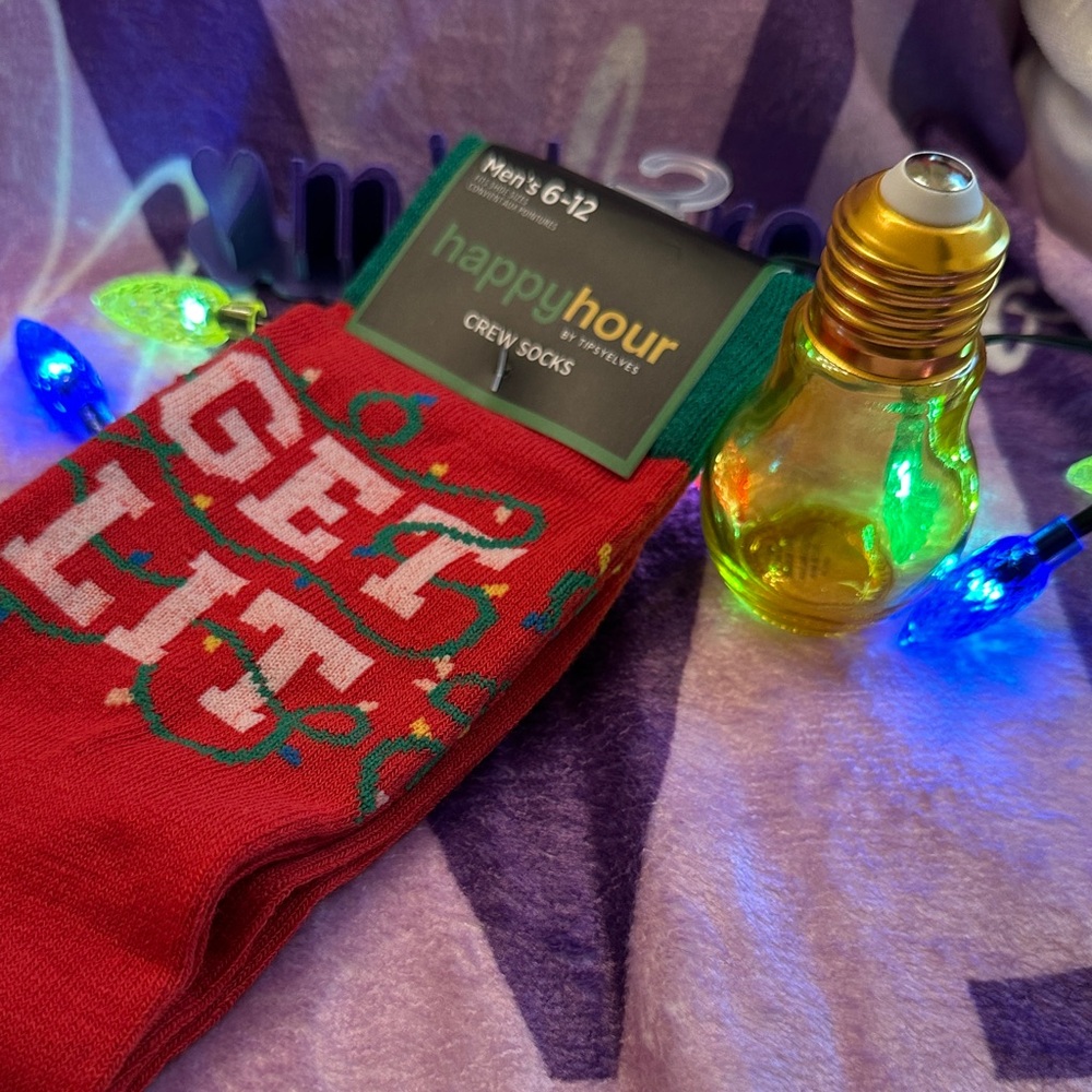 Tipsy Elves Get Lit! Socks with Yellow Christmas Bulb shot glass